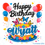 A personalized birthday GIF with the name Wyatt, showing a drip cake decorated with pink and blue flowers and balloons.