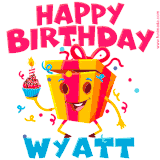 A funny animated birthday GIF with the words 'Happy Birthday Wyatta', colorful gift box with arms and legs, holding a cupcake with a lit candle  with confetti everywhere.