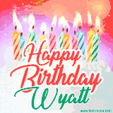 Bright birthday candles with rainbow flames on a cake, alongside the text 'Happy Birthday Wyatt' in vibrant script in this celebratory animated GIF.