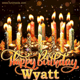 A glowing personalized birthday GIF with name Wyatt featuring lit candles with intricate designs, warm lighting, and the text 'Happy Birthday' in an elegant font.
