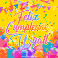 A bright and festive GIF with the text 'Feliz Cumpleaños Wyatt' in Spanish in colorful fonts, surrounded by confetti, balloons, and festive banners on a vibrant yellow background.