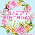 A charming animated GIF featuring 'Happy Birthday Wyatt' in pink and green text, surrounded by delicate roses, leaves, and fluttering butterflies on a soft light blue pastel background.