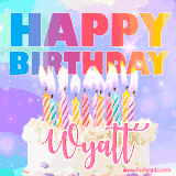 A vibrant animated name GIF with the words 'Happy Birthday Wyatt' with colorful candles on a creamy cake. The background sparkles with pastel shades, adding a festive touch.
