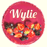 Beautifully decorated red velvet berry birthday cake with vibrant fruits and a glowing 'Wylie' name, adding a touch of sweetness and sparkle.