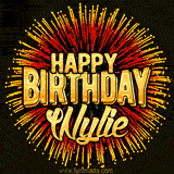 Golden 'Happy Birthday Wylie' text accompanied by animated rainbow fireworks for a festive animated greeting.