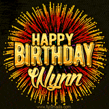 Golden 'Happy Birthday Wynn' text accompanied by animated rainbow fireworks for a festive animated greeting.