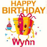 A vibrant and funny gift box character with a happy face dancing with a cupcake and the text 'Happy Birthday Wynn,' surrounded by animated confetti and party vibes.