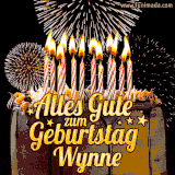 A chocolate birthday cake with glowing candles, the German text 'Alles Gute zum Geburtstag Wynne,' and vibrant fireworks lighting up the background in an animated GIF.