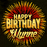 Golden 'Happy Birthday Wynne' text accompanied by animated rainbow fireworks for a festive animated greeting.