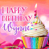 A vibrant birthday GIF featuring a rainbow-colored cupcake topped with white frosting, sprinkles, and a lit candle. The text reads 'Happy Birthday Wynne' in bold pink and violet letters with white outline.