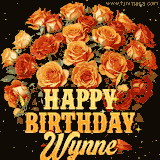 Animated bouquet of orange roses with moving butterfles and golden 'Happy Birthday Wynne' text, surrounded by sparkling accents and a dark backdrop for a luxurious feel.