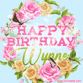 A charming animated GIF featuring 'Happy Birthday Wynne' in pink and green text, surrounded by delicate roses, leaves, and fluttering butterflies on a soft light blue pastel background.