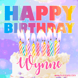 A vibrant animated name GIF with the words 'Happy Birthday Wynne' with colorful candles on a creamy cake. The background sparkles with pastel shades, adding a festive touch.