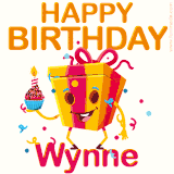 A vibrant and funny gift box character with a happy face dancing with a cupcake and the text 'Happy Birthday Wynne,' surrounded by animated confetti and party vibes.