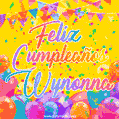 A bright and festive GIF with the text 'Feliz Cumpleaños Wynonna' in Spanish in colorful fonts, surrounded by confetti, balloons, and festive banners on a vibrant yellow background.