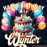 Bright birthday animation for Wynter with a chocolate cake, candles, balloons, and glowing celebratory lights.