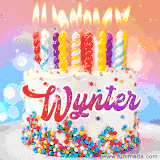 A cheerful white birthday cake with multicolor sprinkles, lit candles, and 'Wynter' written in vibrant letters, in an animated GIF.