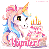 An adorable animated unicorn with soft pastel colors sits beside a birthday cake with glowing candles, and a pink 'Happy Birthday Wynter!' words.
