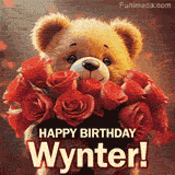 Cinematic style cute animated teddy bear with charming features holding a large bouquet of red roses, the words say 'Happy Birthday Wynter' in sans serif font.