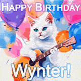 Animated GIF featuring a charming white cat with bright blue eyes strumming a guitar while colorful balloons float in the background, with 'Happy Birthday Wynter!' text.