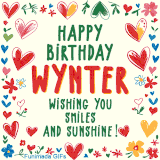 A colorful animated card for Wynter’s birthday featuring playful hearts, cheerful flowers, and a handwritten message wishing smiles and sunshine.