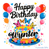An animated birthday card for Wynter. It features a festive cake with her name, 'Wynter', and colorful butterflies. Floating balloons and hearts complete the joyful scene.
