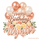 Animated Happy Birthday Wynter greeting card with moving balloons and roses