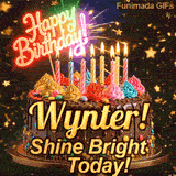 A personalized greeting card for Wynter featuring a chocolate cake with colorful toppings on a sparkly starry background.