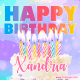 A vibrant animated name GIF with the words 'Happy Birthday Xandria' with colorful candles on a creamy cake. The background sparkles with pastel shades, adding a festive touch.