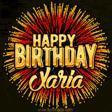 Golden 'Happy Birthday Xaria' text accompanied by animated rainbow fireworks for a festive animated greeting.