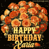 Animated bouquet of orange roses with moving butterfles and golden 'Happy Birthday Xaria' text, surrounded by sparkling accents and a dark backdrop for a luxurious feel.