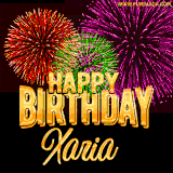 A golden 'Happy Birthday Xaria' message with vibrant fireworks in the background, creating a festive and celebratory vibe in this animated name GIF.