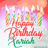 Bright birthday candles with rainbow flames on a cake, alongside the text 'Happy Birthday Xariah' in vibrant script in this celebratory animated GIF.