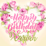 A stunning heart made of pink roses surrounds the elegant script text 'Happy Birthday Xariah' on a soft beige background. Animated sparkles add a magical and festive feel.