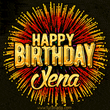 Golden 'Happy Birthday Xena' text accompanied by animated rainbow fireworks for a festive animated greeting.