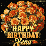Animated bouquet of orange roses with moving butterfles and golden 'Happy Birthday Xena' text, surrounded by sparkling accents and a dark backdrop for a luxurious feel.