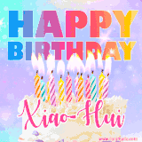 A vibrant animated name GIF with the words 'Happy Birthday Xiao-Hui' with colorful candles on a creamy cake. The background sparkles with pastel shades, adding a festive touch.
