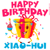 A vibrant and funny gift box character with a happy face dancing with a cupcake and the text 'Happy Birthday Xiao-Hui,' surrounded by animated confetti and party vibes.