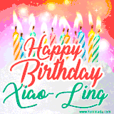 Bright birthday candles with rainbow flames on a cake, alongside the text 'Happy Birthday Xiao-Ling' in vibrant script in this celebratory animated GIF.