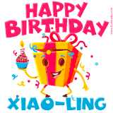A vibrant and funny gift box character with a happy face dancing with a cupcake and the text 'Happy Birthday Xiao-Ling,' surrounded by animated confetti and party vibes.