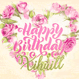 A stunning heart made of pink roses surrounds the elegant script text 'Happy Birthday Xihuitl' on a soft beige background. Animated sparkles add a magical and festive feel.