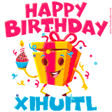 A vibrant and funny gift box character with a happy face dancing with a cupcake and the text 'Happy Birthday Xihuitl,' surrounded by animated confetti and party vibes.
