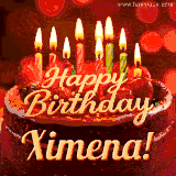 Beautifully decorated red velvet berry birthday cake with vibrant fruits and a glowing 'Ximena' name, adding a touch of sweetness and sparkle.