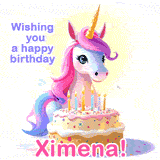 A cute moving unicorn with a birthday cake and candles, featuring 'Wishing you a happy birthday, Ximena!' in colorful text.
