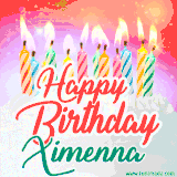 Bright birthday candles with rainbow flames on a cake, alongside the text 'Happy Birthday Ximenna' in vibrant script in this celebratory animated GIF.