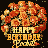 Animated bouquet of orange roses with moving butterfles and golden 'Happy Birthday Xochitl' text, surrounded by sparkling accents and a dark backdrop for a luxurious feel.