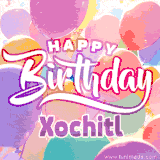 A vibrant name GIF featuring colorful balloons in shades of pink, orange, and yellow with the bold text 'Happy Birthday Xochitl' in festive fonts, creating a lively birthday vibe.