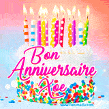 A white birthday cake covered in colorful sprinkles, topped with bright candles, and French text 'Bon Anniversaire Xoe' on a pastel gradient background in an animated GIF.