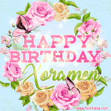 A charming animated GIF featuring 'Happy Birthday Xoramen' in pink and green text, surrounded by delicate roses, leaves, and fluttering butterflies on a soft light blue pastel background.
