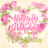 A stunning heart made of pink roses surrounds the elegant script text 'Happy Birthday Xoramen' on a soft beige background. Animated sparkles add a magical and festive feel.